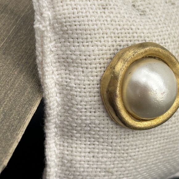 Dubin Vintage Cabochon Pearl Earrings Brushed Gold Heavy Round Chunky Signed - Picture 6 of 11